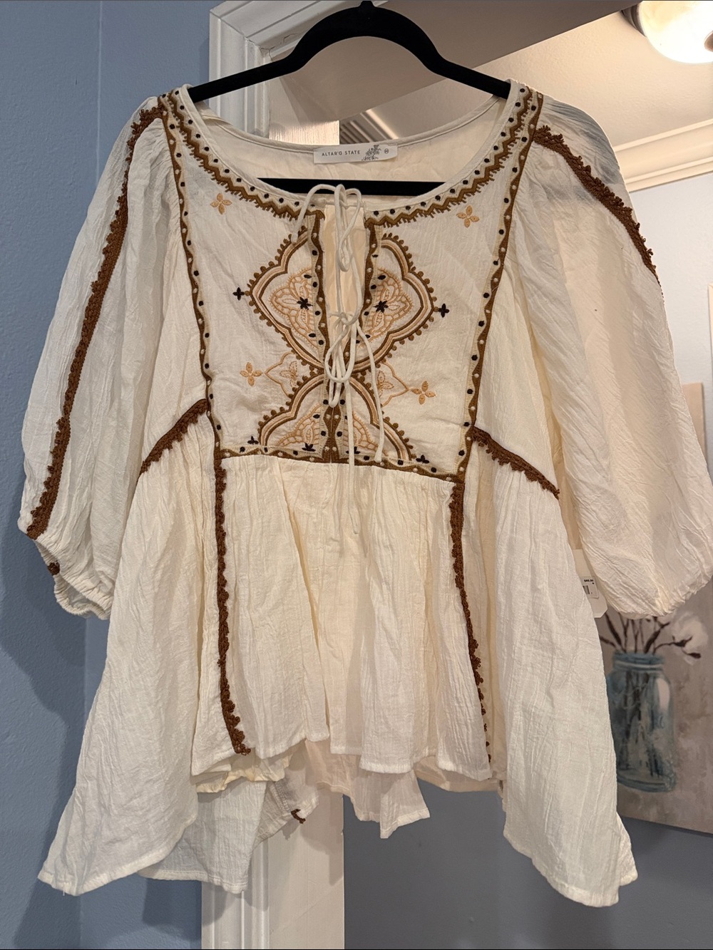 Altar'd State Cream Peasant Blouse with Brown Embroidery